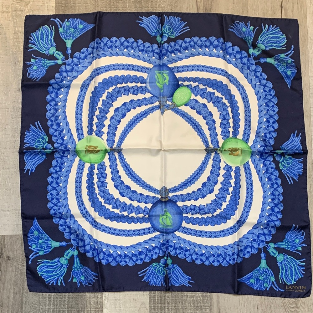 LANVIN Silk Scarf with Blue and Green Tassel Design